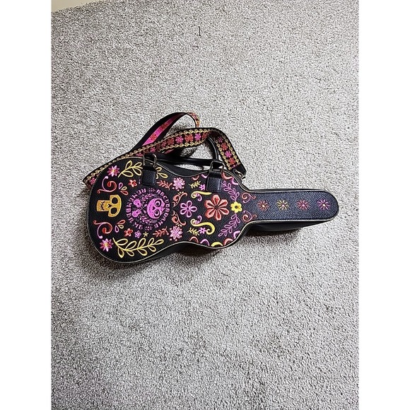NWOT Loungefly Disney Pixar Coco Remember Me Guitar Shaped Black Bag w/ Strap